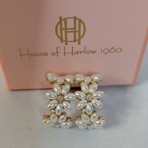 House of Harlow 1960 Gold and Pearl Daisy Floral Half Loop Earrings